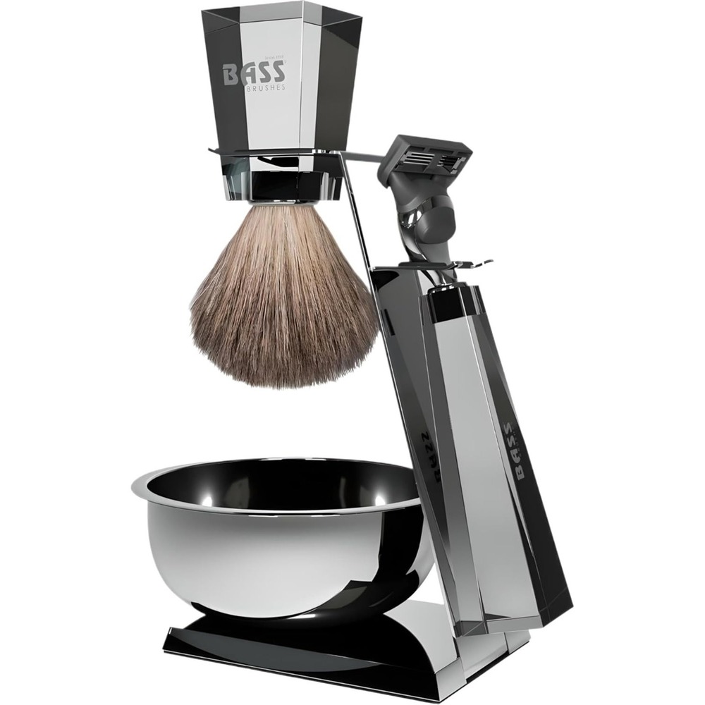 Bass Blades Egiziano Shave Set Badger Brush Razor Stand Chrome Bowl Acrylic